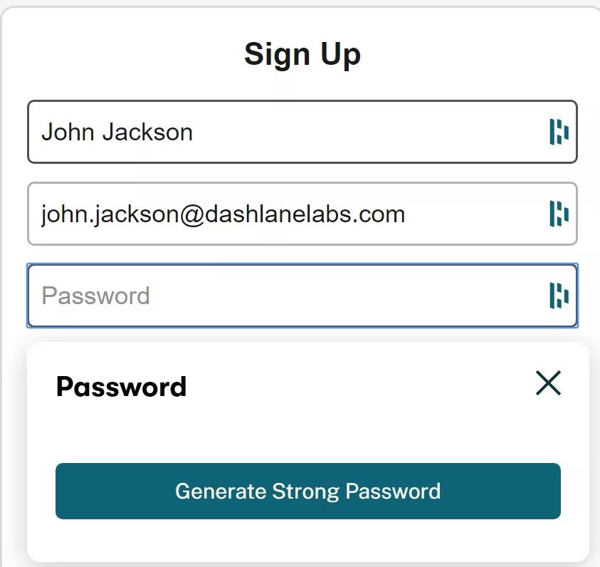 Five empty input fields with placeholder labels and an additional icon to the right from the password manager