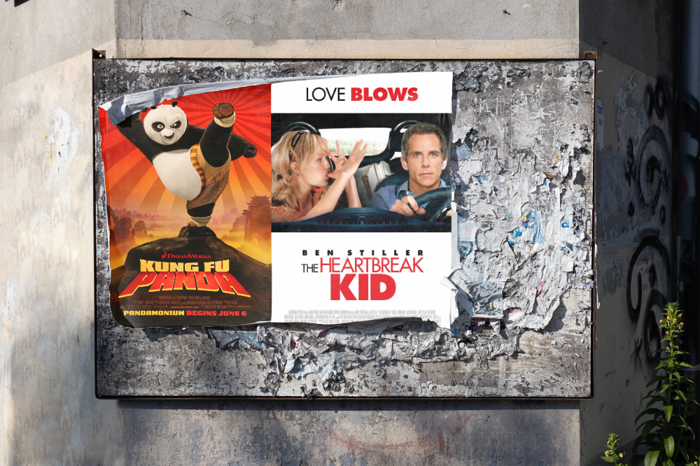 Two torn movie posters on a wall, from left to right: Kung Fu Panda, The Heartbreak Kid.