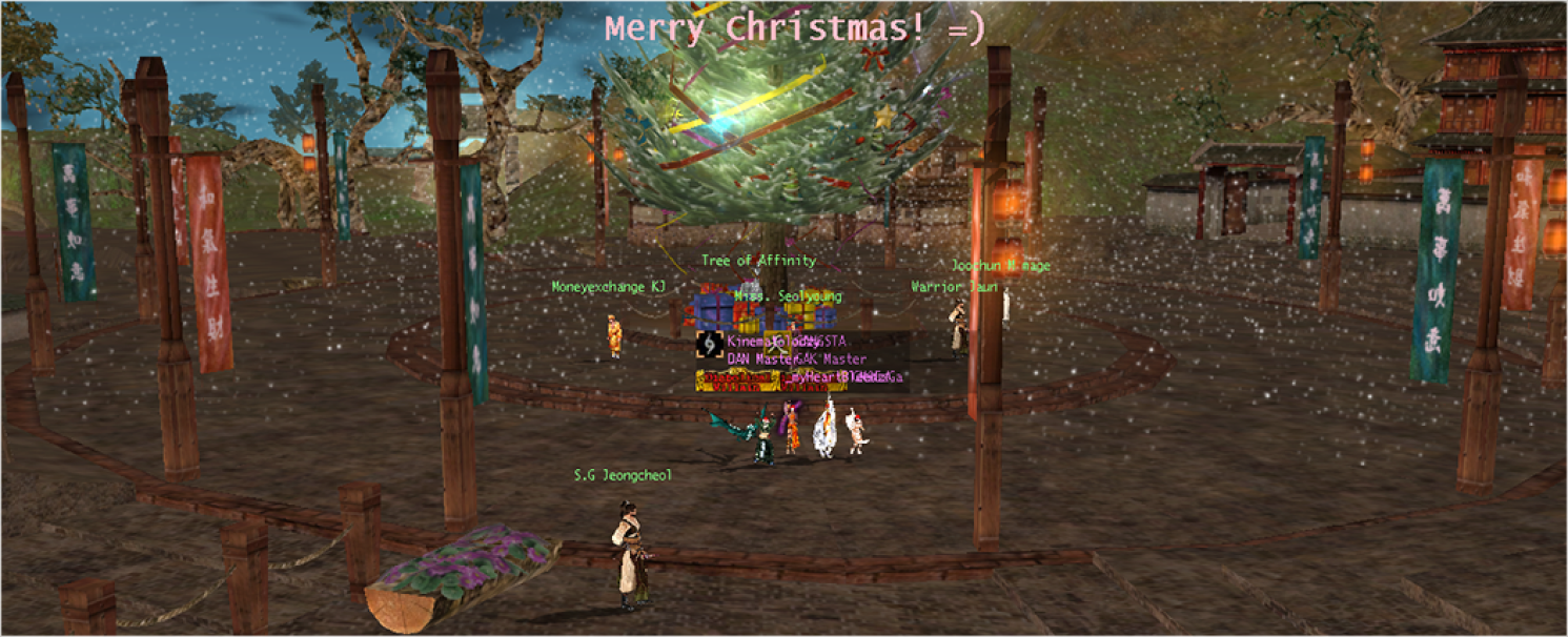 A wide shot of a Christmas celebration in an MMORPG game called Martial Heroes